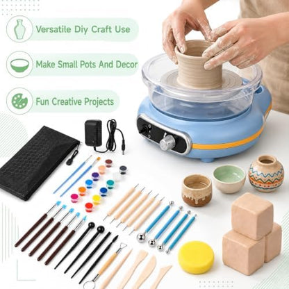 Mini Pottery Wheel Kit Electric Turntable Clay Machine with Handle, Adjustable Speed and Forward Reverse Rotation, 24 Shaping Tools 12 Color Paint Set 3 Clay Blocks for DIY Craft Projects - Image 5