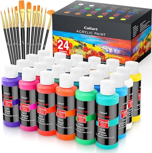 Caliart 24 Colors Acrylic Paint Set Large Bottles 4oz with 12 Brushes by Caliart