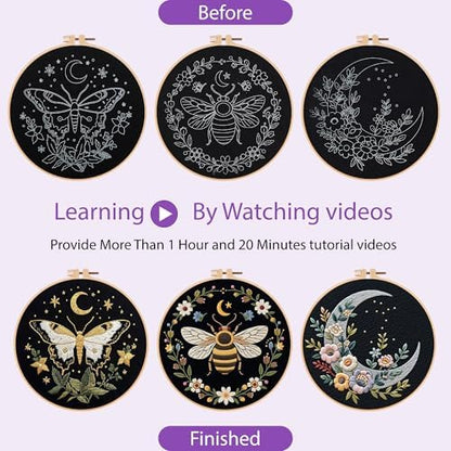 Uniartfy 3 Sets Butterfly Bee Moon Embroidery Kits for Beginners, DIY Cross Stitch Starter Craft Kit for Adults, Needlepoint Kits Including Cloth with Flower Plant Pattern, Hoop, Tools, Instructions - Image 4