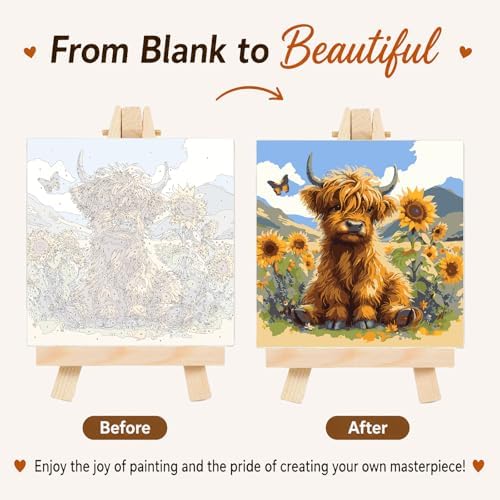 AUKELHJ Framed Paint by Numbers Kit for Adults, Highland Cow, 10x10 inch - Image 4