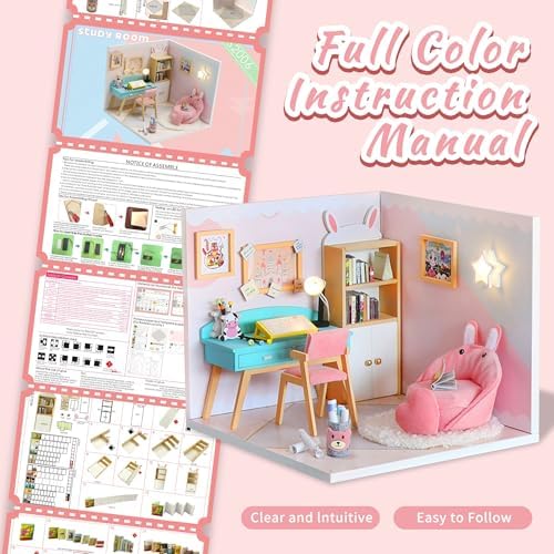 Kisoy Dollhouse Miniature with Furniture Kit, DIY 3D Wooden DIY House Kit A Corner of a Small Apartment Style with Dust Cover & LED,Handmade Tiny House Toys for Kids Adults Gift (Study Room) - Image 3