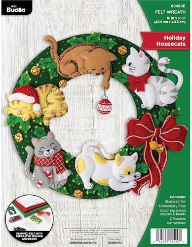 Bucilla Felt Applique Wreath Kit, Holiday Housecats, Perfect for DIY Arts and Crafts, 89490E by Bucilla