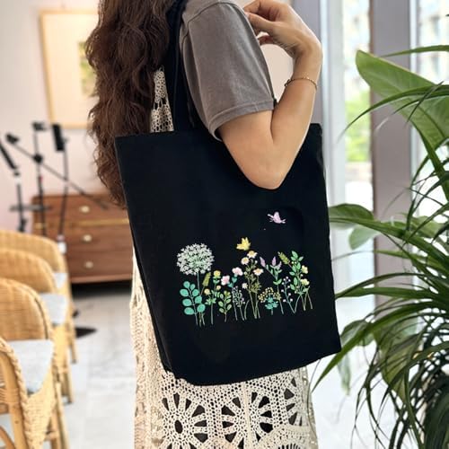 VWV-Whizzing Embroidery Canvas Tote Bag DIY Kit for Beginners, Complete with Pattern, Hoops, Color Threads, Tools & Detailed Instructions for Adults (13X15(in) Black-Bu) - Image 5