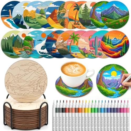 Wooden Drink Coasters Kits for Adults, 65 Pcs Paint Your Own Set with 24 Markers, 20 Coasters, 20 Cork Mats, 1 Holder(Landscape) by Unknown