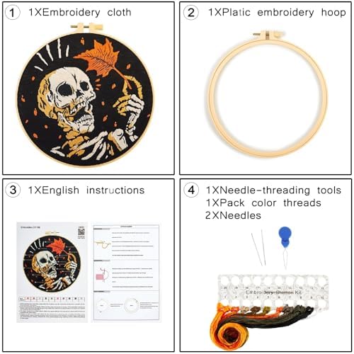 Crafmanoe Halloween Gothic Embroidery Starter Kit for Beginners Adults, Skull Skeleton Stamped Cross Stitch Kits for Beginners Adults, Funny Fall Hand Embroidery Needlepoint Kits with Video Tutorial - Image 2
