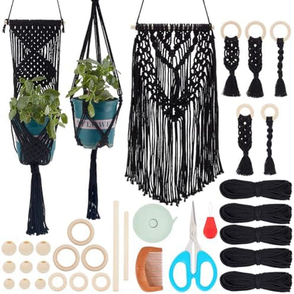 IFNUNLY 8 Set Black DIY Macrame Kit for Beginners - Starter Kit with Wall Hanging, Plant Hanger, Keychain & Instructions by INFUNLY