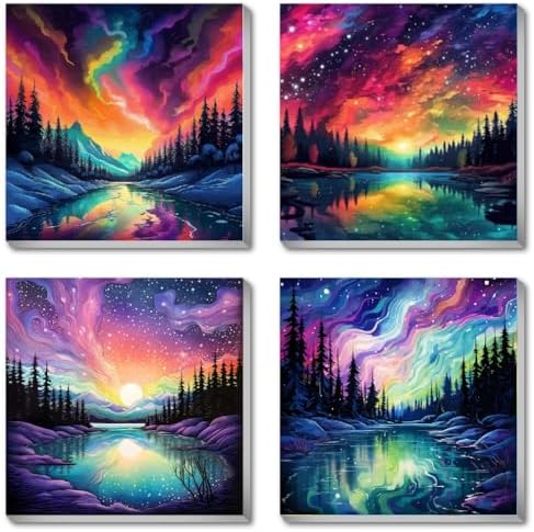 FQOVKYN 4 Pack Landscape Paint by Number for Adults Framed Canvas, DIY Aurora Arts and Crafts for Adults Beginner with Paint Brushes, Acrylic Paint Set for Home Wall Decor, 8 * 8 Inch by FQOVKYN