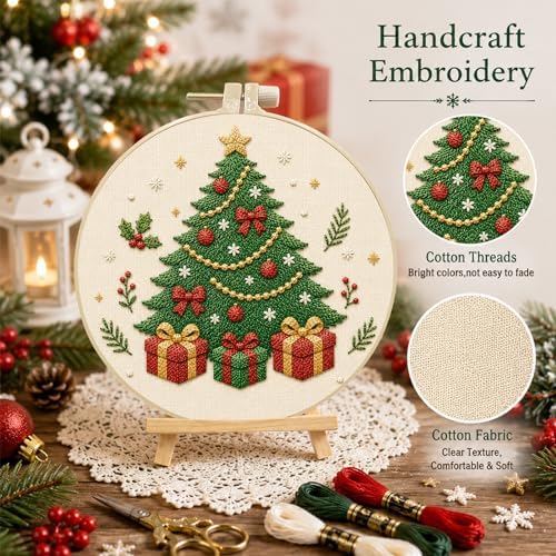 DIYDeligths Christmas Embroidery Kit for Beginners Adults Pre Printed Pattern Hand Needlepoint Craft DIY Art Set with 7.87in Hoop Needle Threads Instructions (Christmas Tree) - Image 3