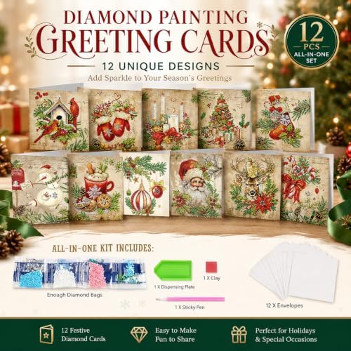 NUOFIX 12 PCS Diamond Art Christmas Cards with Envelopes, Christmas Crafts for Adults, Diamond Painting Kits for Card Making, Holiday DIY Kits (Brown) - Image 3