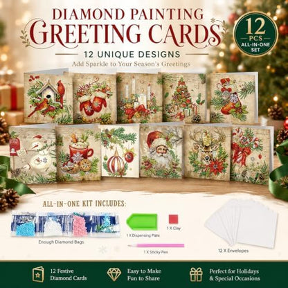 NUOFIX 12 PCS Diamond Art Christmas Cards with Envelopes, Christmas Crafts for Adults, Diamond Painting Kits for Card Making, Holiday DIY Kits (Brown) - Image 3