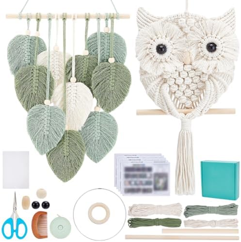 FREEBLOSS 2 Set DIY Macrame Leaf Wall Hanging Kit Beginners Macrame Kit Leaf and Owl Woven Tapestry Feather Wall Hanging DIY Macrame Kit for Adults Birthday Gift, Instructions Included by FreeandCreativeCraftsArt