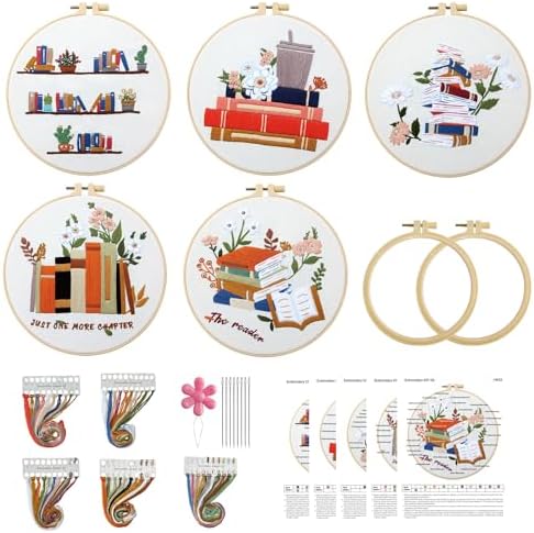 CMINAUS 5 Sets Embroidery Kit for Beginners Adults Book Lover, Embroidery Starter Kit Book Pattern Hand Crewel Needlepoint Cross Stitch Kits Includes 2 Hoops Colored Threads Needles by CMINAUS