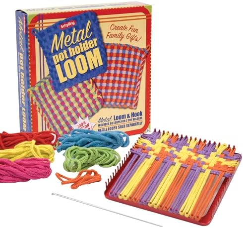 Schylling Metal Pot Holder Loom Kit - Classic Durable Weaving Frame to Make Pot Holders - Includes Loom, Hook, Instructions, and 80 Colorful Cotton Loops - Ages 5 and Up by Schylling