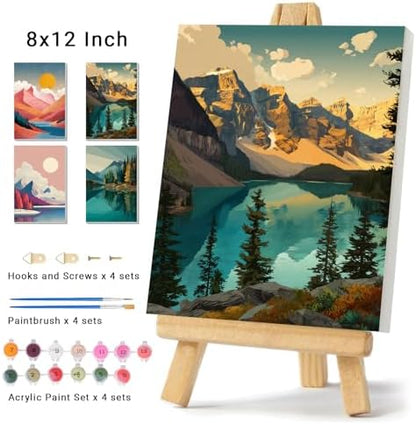 4 Pack Framed Paint by Numbers Kit for Adults Beginner Canvas Painting by Numbers for Adults Landscape Easy Adult Paint by Number Kits with Frame Mountain Watercolor Painting by Number 8x12 Inch - Image 2