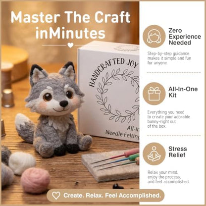FACE N FACE DIY Needle Felting Kit Cute Wolf Pup – Needle Felting Starter Kit with Fiber Roving, Needles, Felting Pad & Instructions | Felted Wild Animal Kit for Beginners Adults | DIY Craft Gift - Image 3