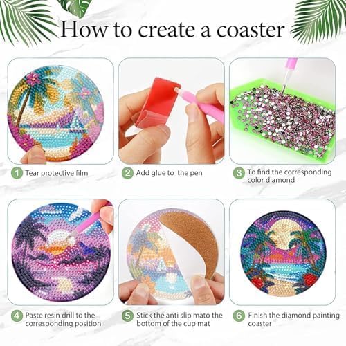 EWJRNSF 6 PCS Ocean Beach Diamond Art Coasters Kit with Holder for Adults - Image 3