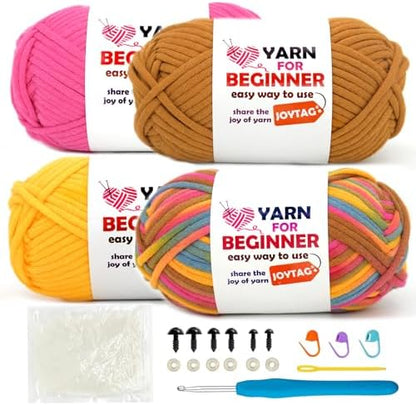 4 Pack Rainbow Beginner Crochet Yarn for Crocheting and Knitting Multicolor Cotton Crochet Yarn for Beginners with Easy-to-See Stitches Cotton-Nylon Blend Easy Yarn for Beginners(Sunrise Red) by JOYTAG