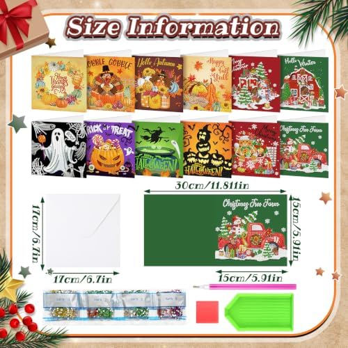 Saillong 12 Pack Fall Diamond Painting Greeting Cards Kits DIY Holiday Diamond Art Cards with Envelopes Halloween Christmas 5D Rhinestones Painting Making Kit for Adult DIY Crafts Party Favors Gifts - Image 4