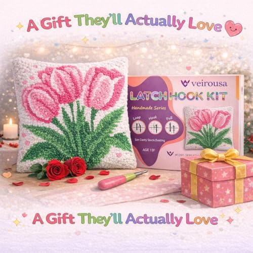 veirousa Latch Hook Kits for Adults, DIY Pink Tulip Pillow & Rug Craft Kit for Beginners, Floral Handmade Yarn Art, Relaxing Home Sofa Decor Gift 17x17 Inch - Image 6