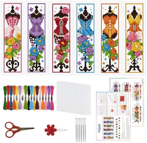 ORIGACH 6 Set Mannequin with Flowers Cross Stitch Bookmark Kit for Beginner by ORIGACH