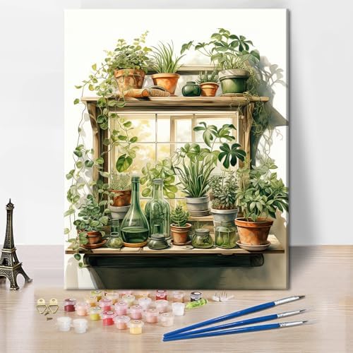 Paint by Number for Adults Green Plant, Paint by Numbers Kit for Adults Leaf, DIY Acrylic Paint by Numbers Kits on Canvas Potted, Acrylic Painting Kits Art Crafts 16"x20"(Frameless) by TUMOVO