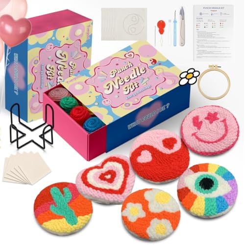 yuegool 6PCS Energy Punch Needle Coasters Kit,Easy DIY Punch Needle Embroidery Kit for Beginners Adults Kids Including Patterns, Tools, Yarns, Hoop, Instruction, Coaster Holder Art Craft Supplies by Unknown
