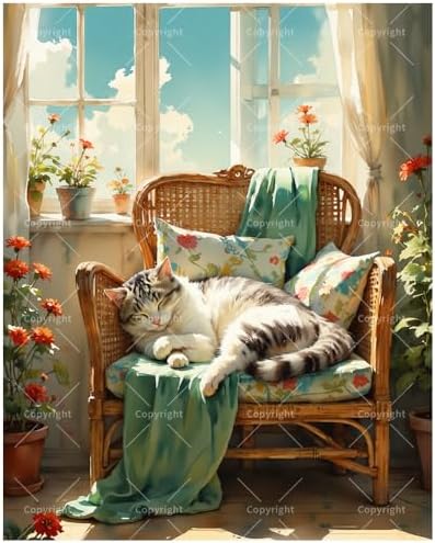 Cozy Corners Paint by Numbers Kit for Adults - DIY Sleeping Cat on Wicker Chair by Window Painting on Canvas 16x20 Inches, Acrylic Paint Set, Suitable for Beginners, Art for Bedroom or Gifts by Unknown