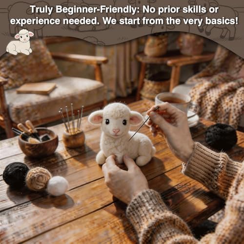 DIY Needle Felting Kit Cute White Lamb Lying – Needle Felting Starter Kit with Fiber Roving, Needles, Felting Pad & Instructions | Felted Farm Animal Kit for Beginners Adults | DIY Craft Gift - Image 5
