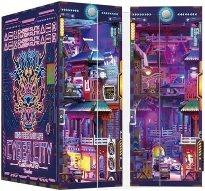 Tonecheer DIY Book Nook Kit for Adults, Wooden 3D Puzzle Bookend Bookshelf Insert Decor, Cyber Punk Booknook Miniature House Kit with Dust Cover and Body Motion Sensor LED (Cyber City) by Tonecheer