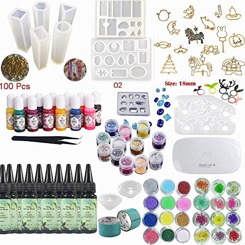 10pcs Crystal Clear UV Resin Glue Kit Set with Pigment Lamp 11 Molds 17 Open Back Bezels 36 Decorations Holographic Glitter Dried Flowers for Jewelry Making Pendants Earrings Diamonds Necklaces by VidaRosa