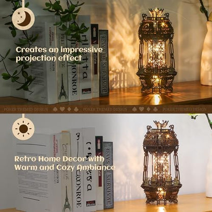FUNPOLA LED 3D Wood Puzzle Poker World Projector Lamp – DIY Craft Kit with LED Lights and Music Box – Creative Poker-Themed Lamp, Nightlight Gift for Home Décor (Black Walnut) - Image 6