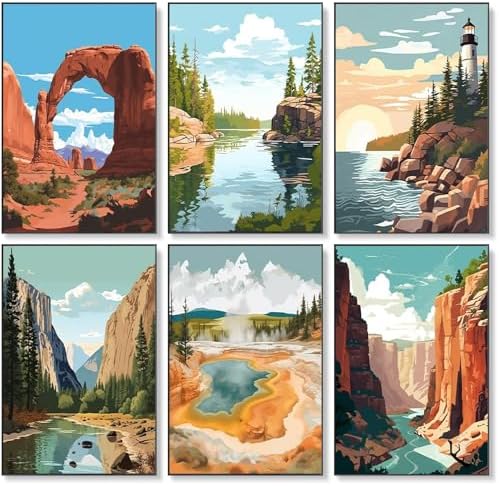 6 Pack Paint by Numbers Kit for Adults Beginner National Park 8x12 Inch by Fountor
