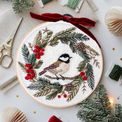 Huacan Embroidery Kits for Adults Beginner DIY Cross Stitch Stamped Christmas Pattern Stitching Wreath Sewing Kit 1 Piece 7.8 x 7.8 Inch - Image 4