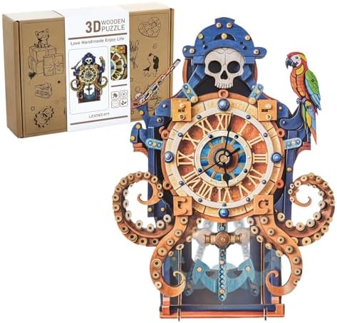 3D Puzzles for Adults Wooden Octopus Pirate Clock Kit with Pendulum by KOSMICKISS