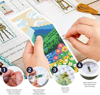 FREEBLOSS 6 Set Cross Stitch Bookmarks Kit Mountains&Rivers Stamped Cross Stitch Kit DIY Embroidery Bookmark Set with Instruction for Adults Beginners Gift for Reading Enthusiasts 8 * 2.4inch 11CT - Image 4