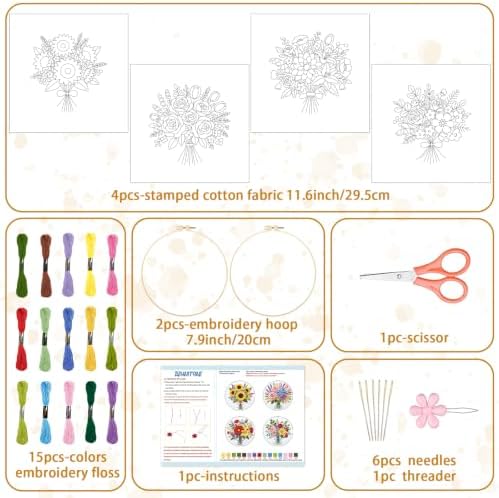 BEUNITONE 4pcs Embroidery Kit, Flower Stamped Embroidery Kits with Hoop, Thread & Needles, Colorful Bouquet Cross Stitch Kits Sewing Gifts for Adults and Beginners, DIY Craft for Relaxation - Image 2