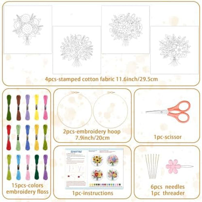BEUNITONE 4pcs Embroidery Kit, Flower Stamped Embroidery Kits with Hoop, Thread & Needles, Colorful Bouquet Cross Stitch Kits Sewing Gifts for Adults and Beginners, DIY Craft for Relaxation - Image 2
