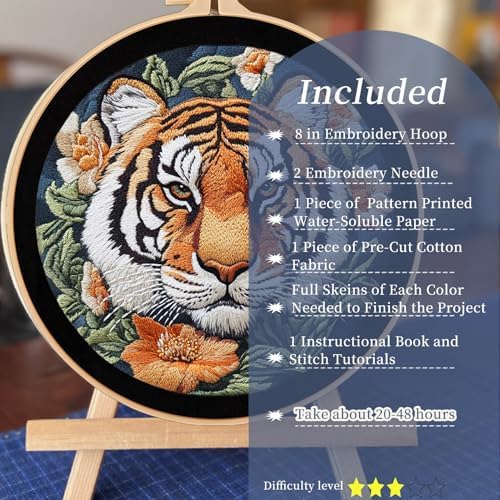 FONNUY Tiger Floral Embroidery Kit, Cross Stitch Kits for Beginners, Handmade Crafts with Printed Patterns for Beginner Adults, Easy to Follow Color Thread Needlework, 8'' Hoop - Image 2