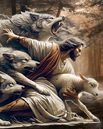 KYOQFVN Jesus and Wolf Paint by Numbers for Adults - DIY Adult Paint by Number Kit on Canvas, Easy Acrylic Painting Kits for Home Wall Decor 16x20 Inch（Without Frame） by KYOQFVN