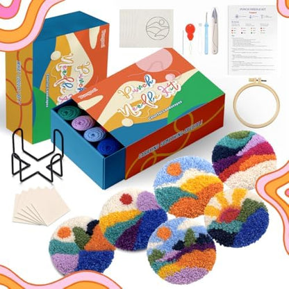 yuegool 6PCS Landscapes Punch Needle Coasters Kit,Easy DIY Punch Needle Embroidery Kit for Beginners Adults Kids Including Patterns, Tools, Yarns, Hoop, Instruction, Coaster Holder Art Craft Supplies by Unknown
