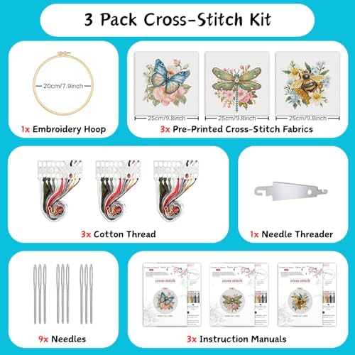 3 Pack Cross Stitch Kits for Beginners-Insects and Flowers,with Hoop 8x8in - Image 4