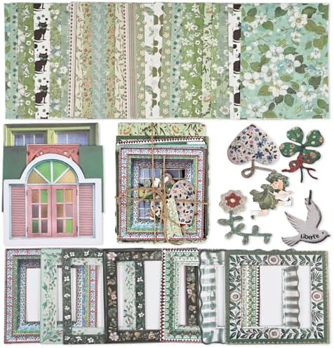 Diuhofart Scrapbooking Supplies Kit, 45 Pieces Green Aesthetic Junk Journal Kit with Scrapbook Paper, Embossed Collage Cards and Stickers for Journaling Supplies, DIY Art Craft, Collage by Diuhofart