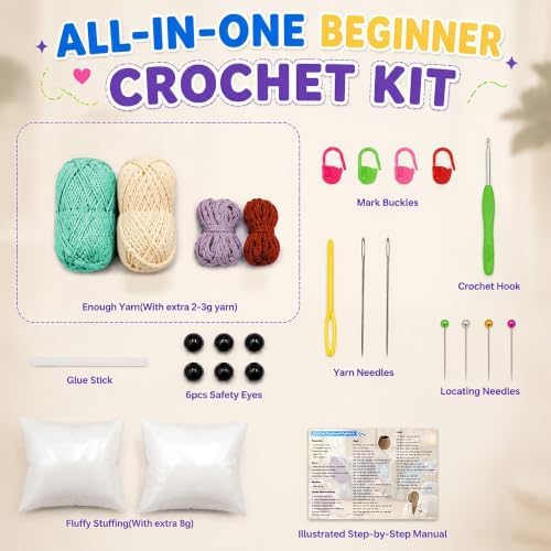 JYZJDKE Crochet Kit for Beginners Adults - DIY Amigurumi Elephant Knitting Starter Kit with Yarn Sets, Crochet Animal Kit Cute Stuffed Animal Craft Birthday Gifts (Beige White+Tiffany Green Elephant) - Image 3