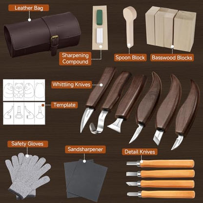 Wood Carving Kit for Beginners – 25pcs Whittling Knife Kit Wood Carving Tools with PU Leather Storage Bag, 10 Carving Knives, 6 Templates & Basswood for DIY Crafts - Image 5