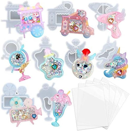FUNSHOWCASE Resin Shaker Molds Set Charms Pendant Jewelry Making Supplies 9 Silicone Trays with 5 Clear Seal Films by FUNSHOWCASE