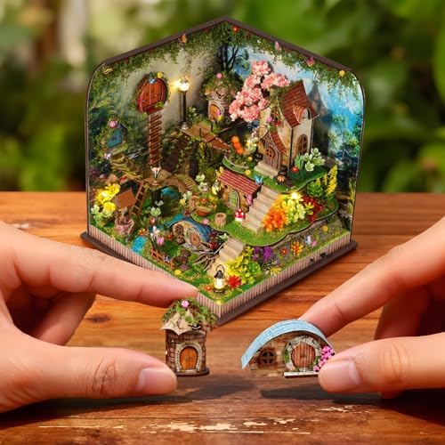 Book Nook DIY Miniature House Kit, 3D Wooden Puzzle Coffee House Dollhouse with Light & Tools, Creative Bookshelf Insert Craft Gifts for Adults Teens (Forest Garden) - Image 3