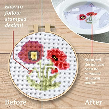 Kraftex Stamped Cross Stitch Kits for Beginners (Flower Theme - 6.75 Inch - 4 Pack 1 x Embroidery Hoop) Embroidery Needlepoint Patterns for Adults, Includes Poppy, Rose, Sunflower and Pansy - Image 4