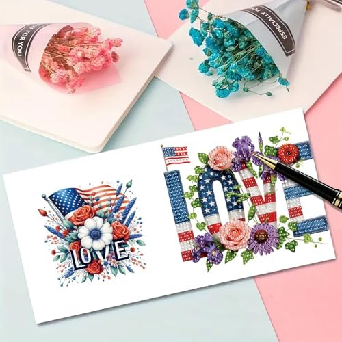 6Pcs 4th of July Diamond Art Greeting Card Kits with Envelopes Foldable Patriotic 5D Rhinestone Painting Card Mosaic Craft Kit for Independence Day Holiday Blessings Gift-LOVE - Image 6