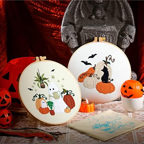 Yuxung 5 Sets Fall Embroidery Kit Halloween Embroidery Cross Stitch Kit - Image 3
