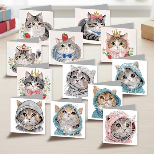 12 Pack Diamond Painting Greeting Cards Kit with Envelopes, 5D DIY Cute Cat Kitten Pet Diamond Art Cards, Birthday Thank You All Occasion Cards for Cat Lovers Women Adults - Image 3